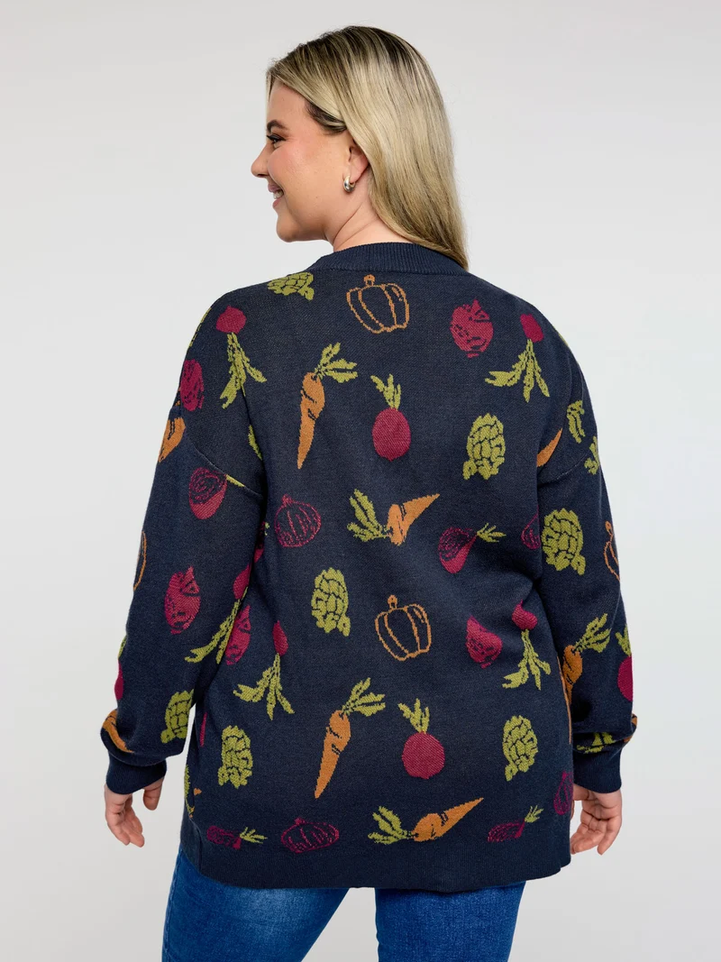 Vegetable Print Buttons Colorful Knit Cardigan