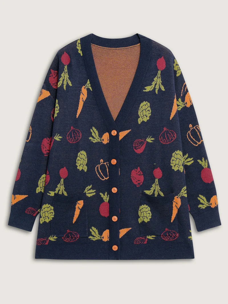 Vegetable Print Buttons Colorful Knit Cardigan