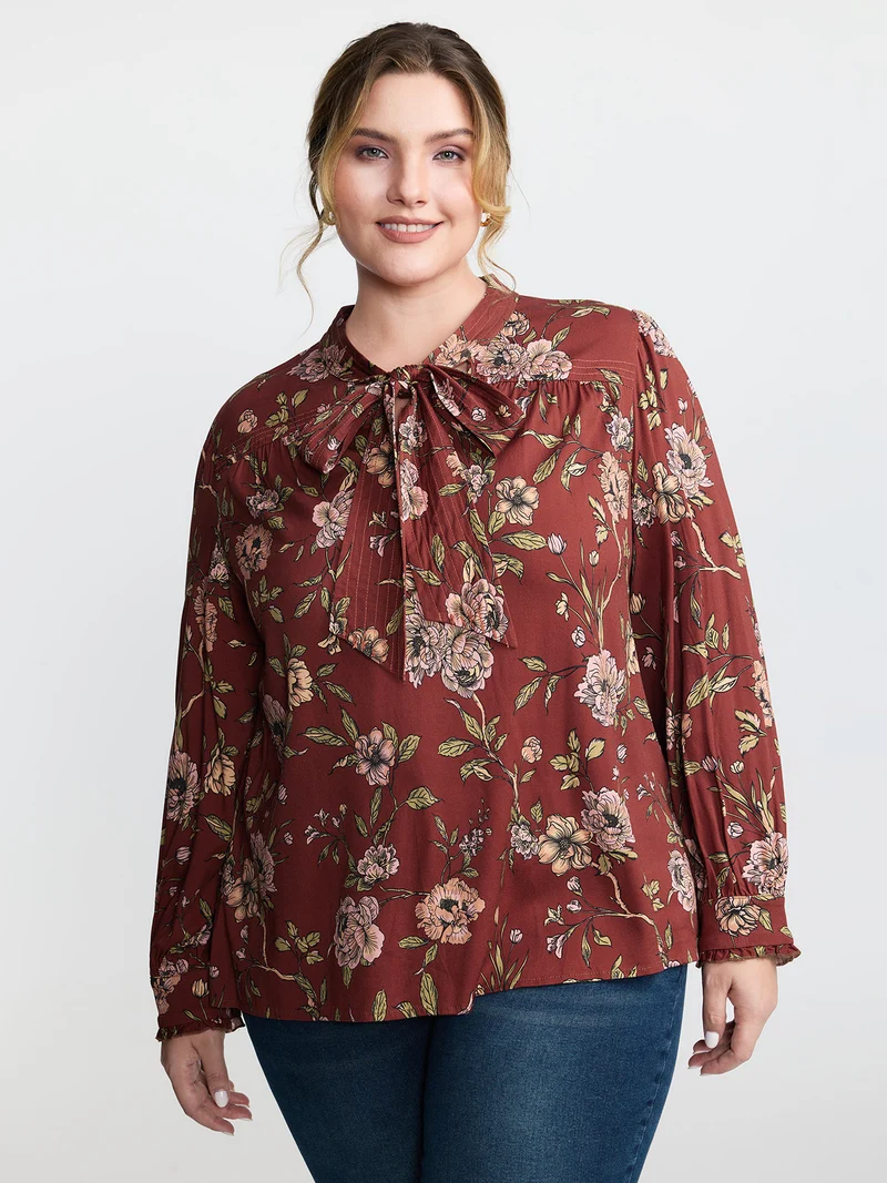 Vintage Floral Neck Ribbon Tie Blouse