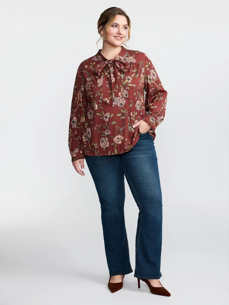 Vintage Floral Neck Ribbon Tie Blouse