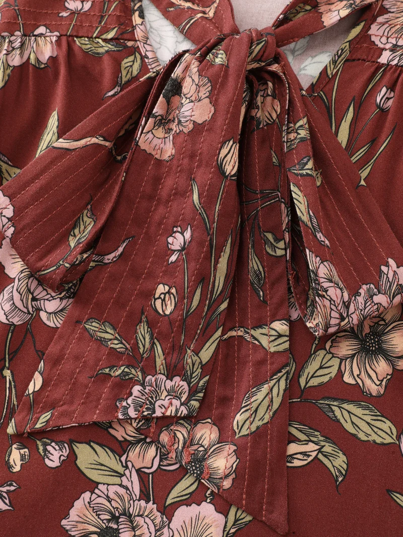 Vintage Floral Neck Ribbon Tie Blouse