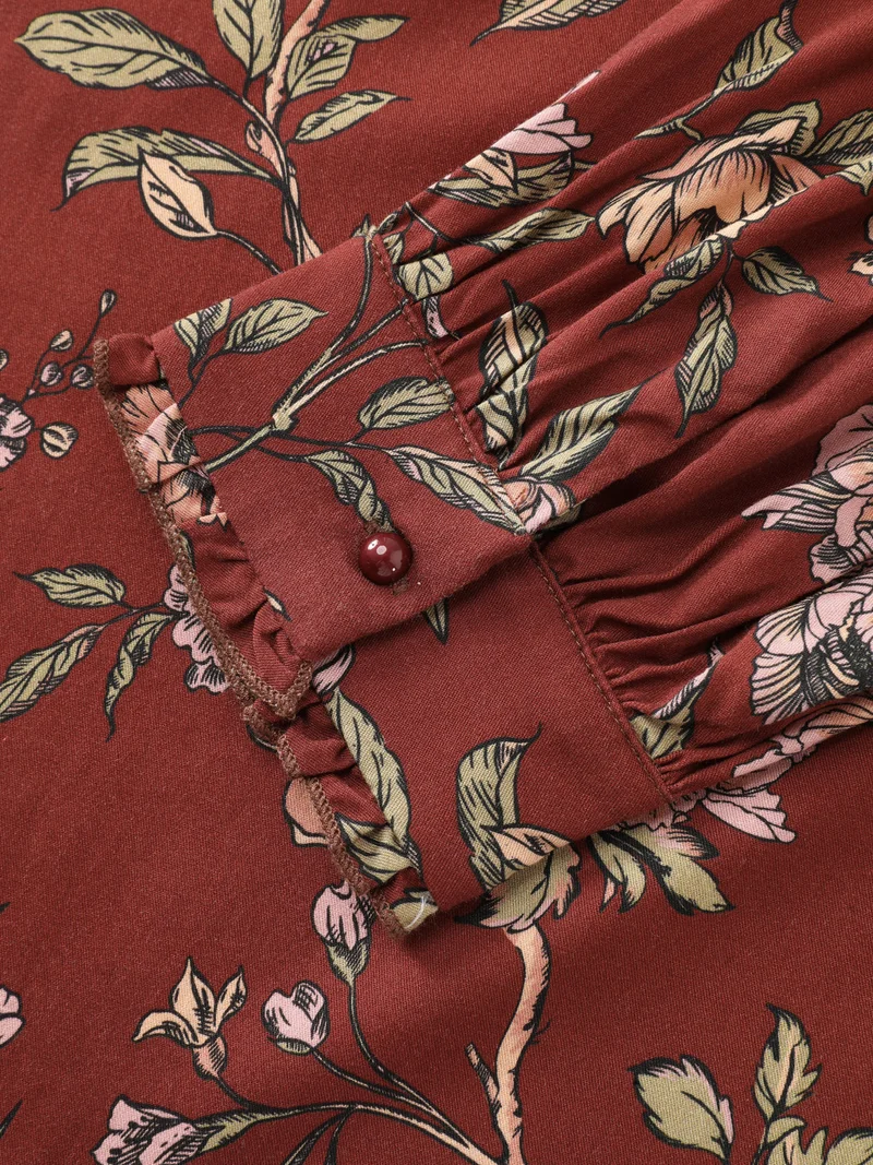 Vintage Floral Neck Ribbon Tie Blouse