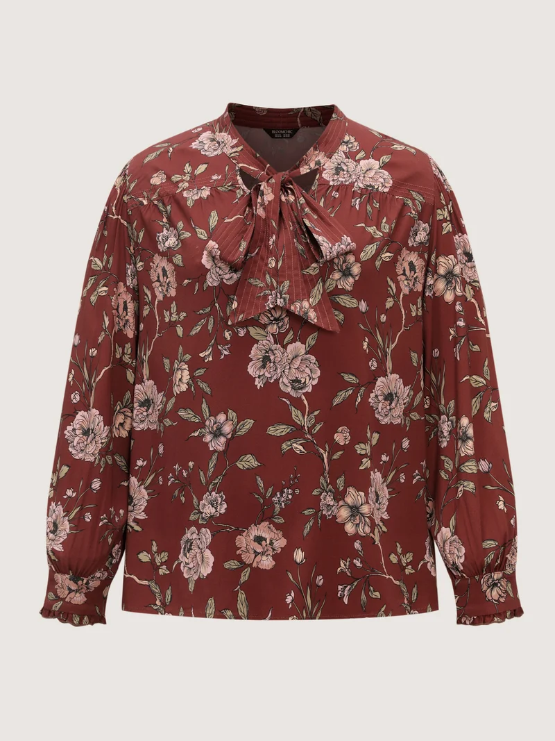 Vintage Floral Neck Ribbon Tie Blouse