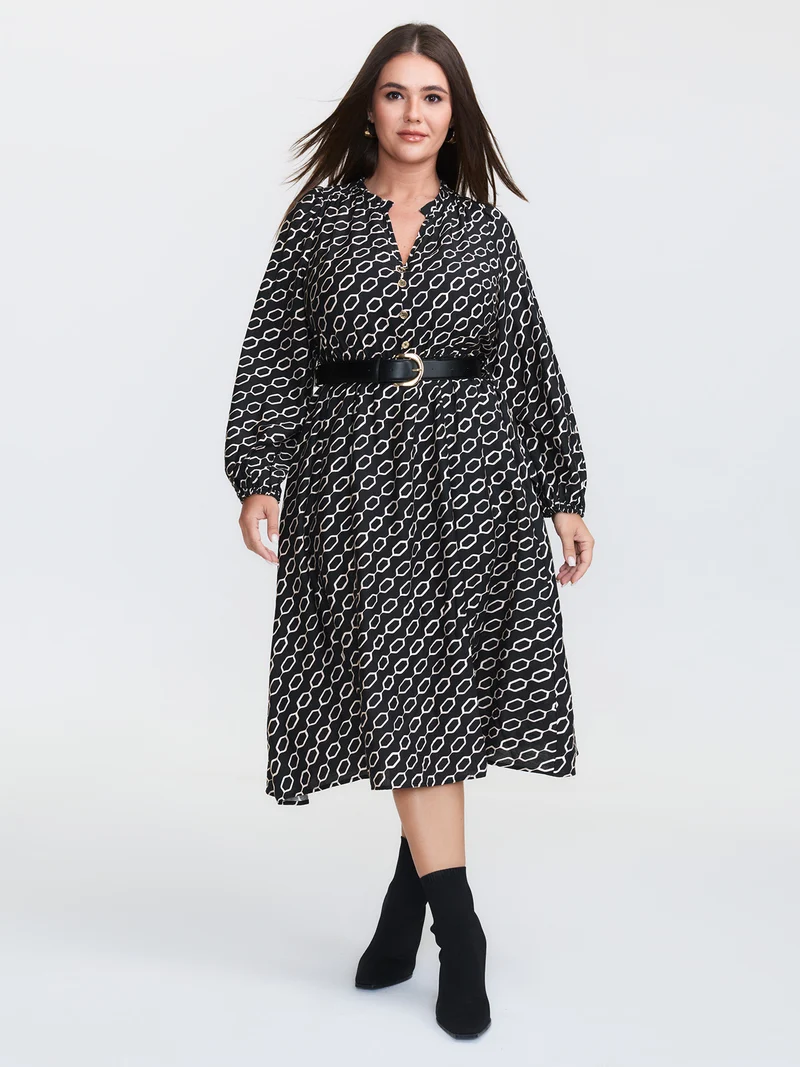 Monochrome Geometric Print Belted Midi Dress