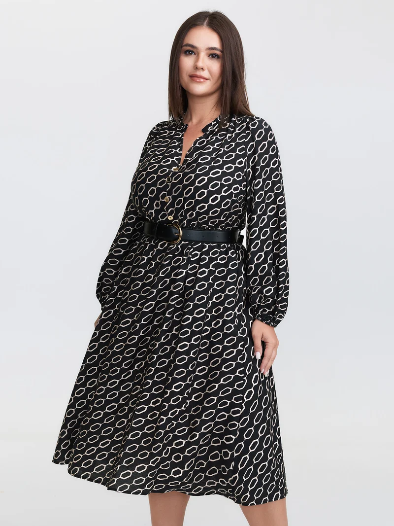 Monochrome Geometric Print Belted Midi Dress