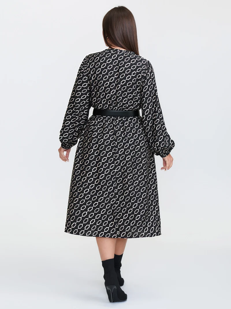 Monochrome Geometric Print Belted Midi Dress