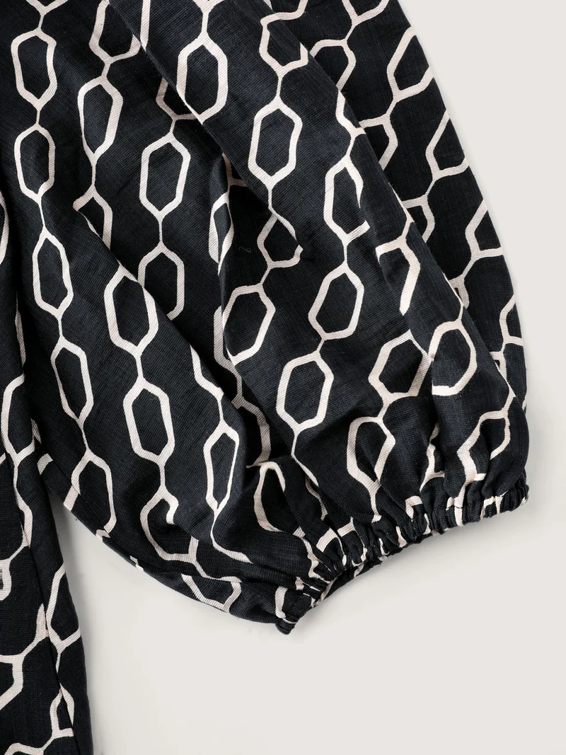 Monochrome Geometric Print Belted Midi Dress