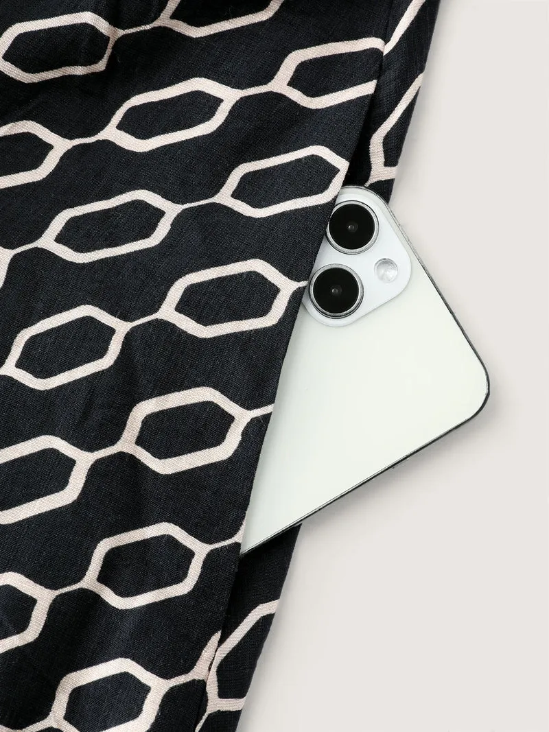 Monochrome Geometric Print Belted Midi Dress