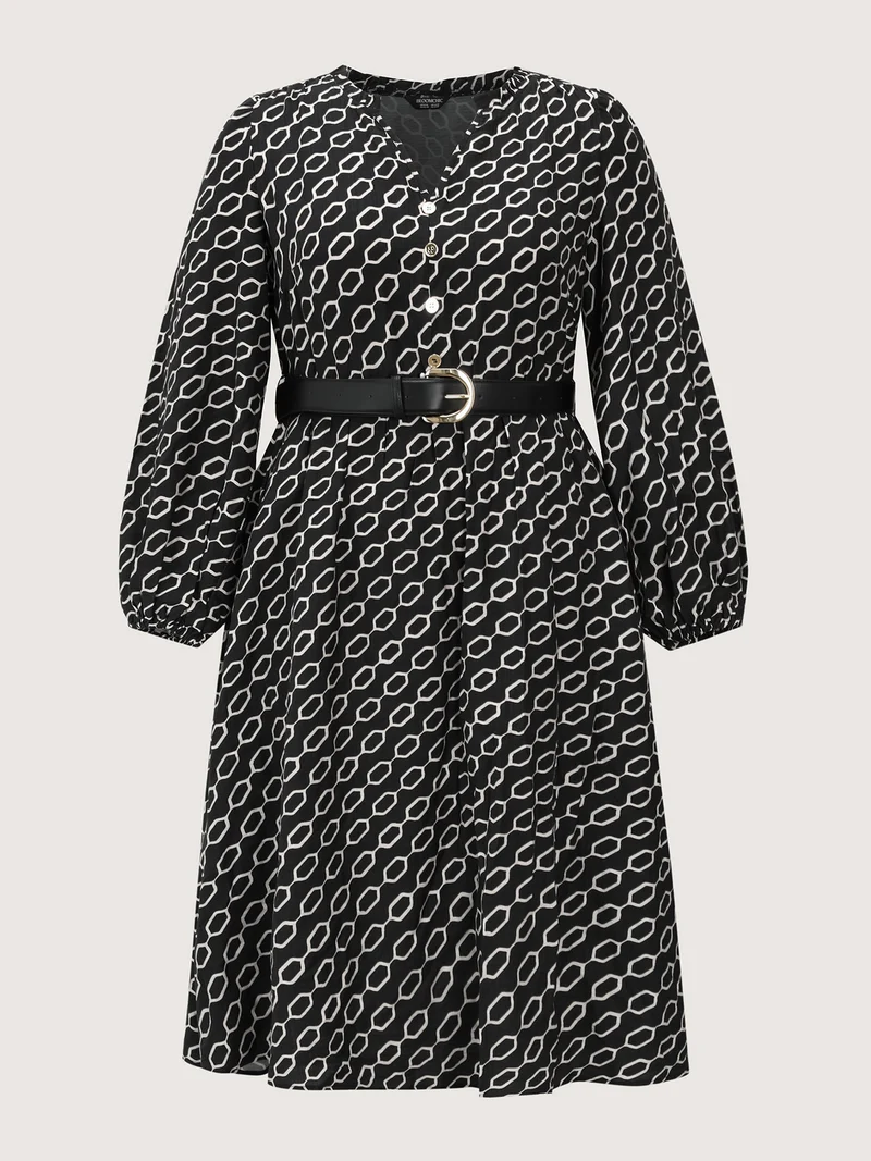 Monochrome Geometric Print Belted Midi Dress