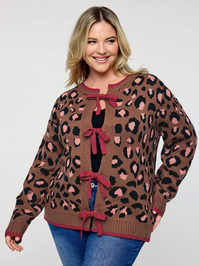 Leopard Pattern Color Contrast Bow Knit Cardigan