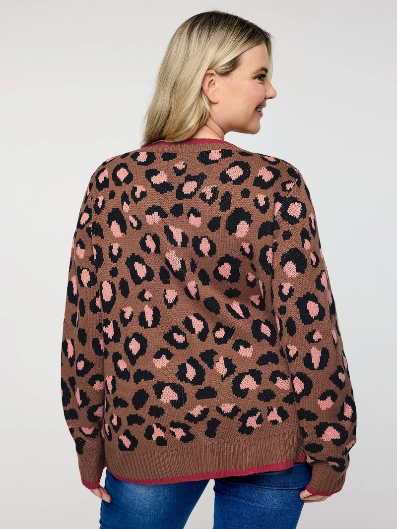 Leopard Pattern Color Contrast Bow Knit Cardigan