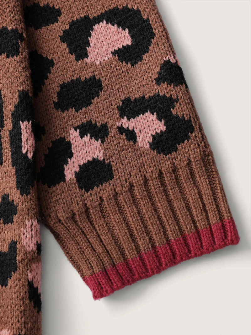 Leopard Pattern Color Contrast Bow Knit Cardigan