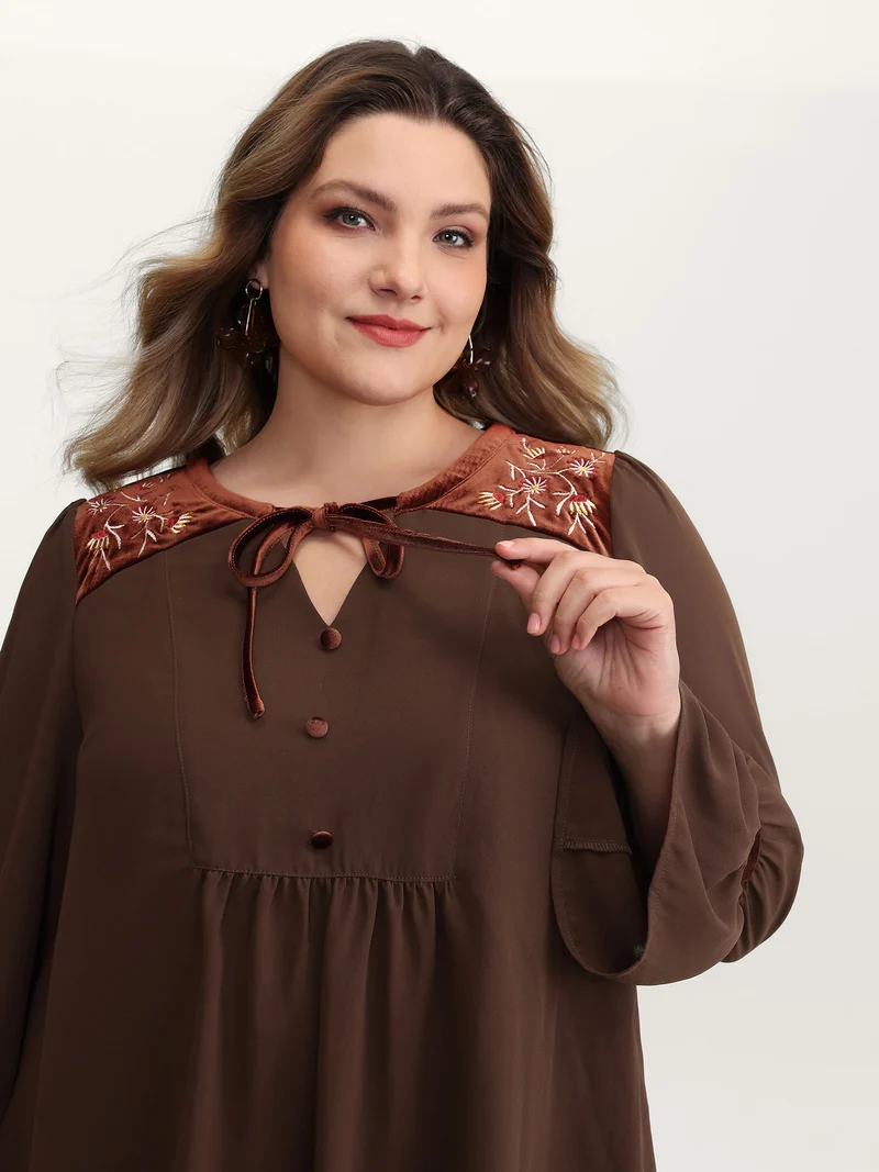 Embroidered Pleated Ruffled Sleeve Blouse
