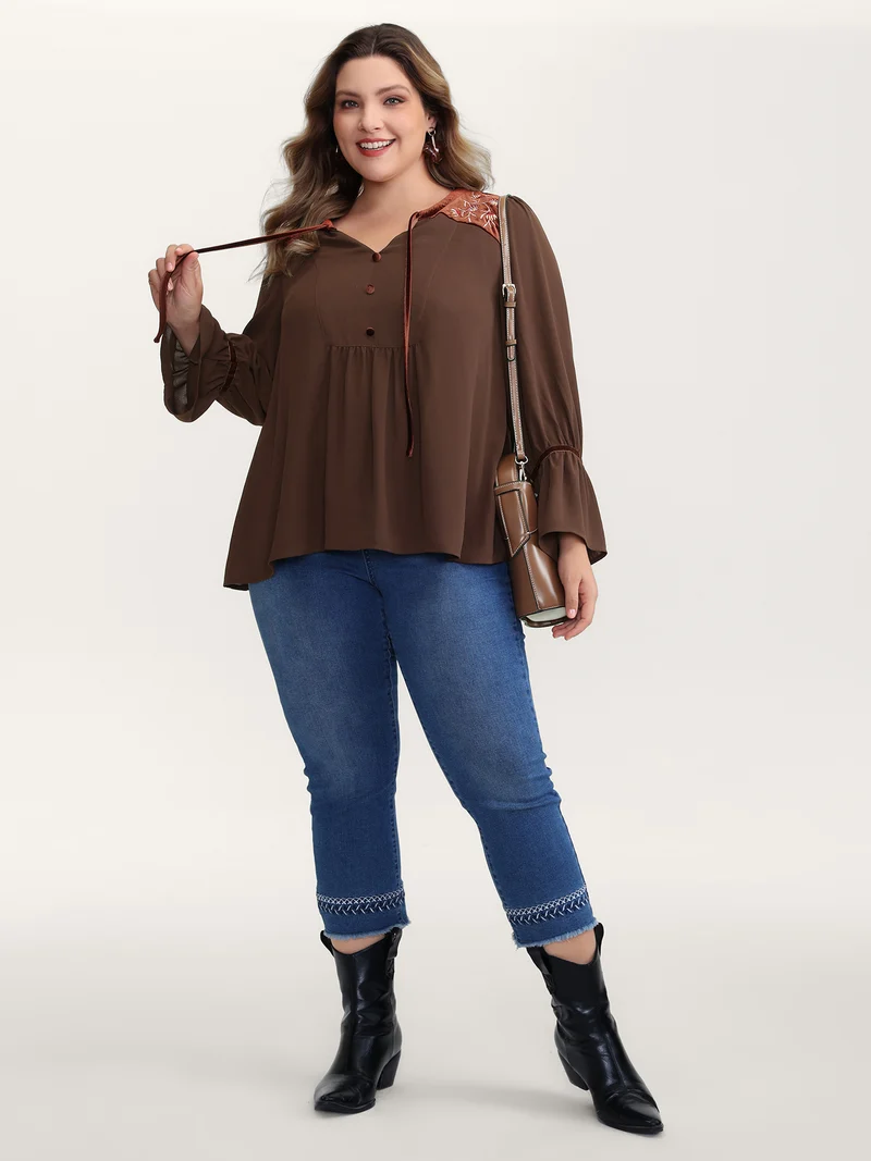 Embroidered Pleated Ruffled Sleeve Blouse