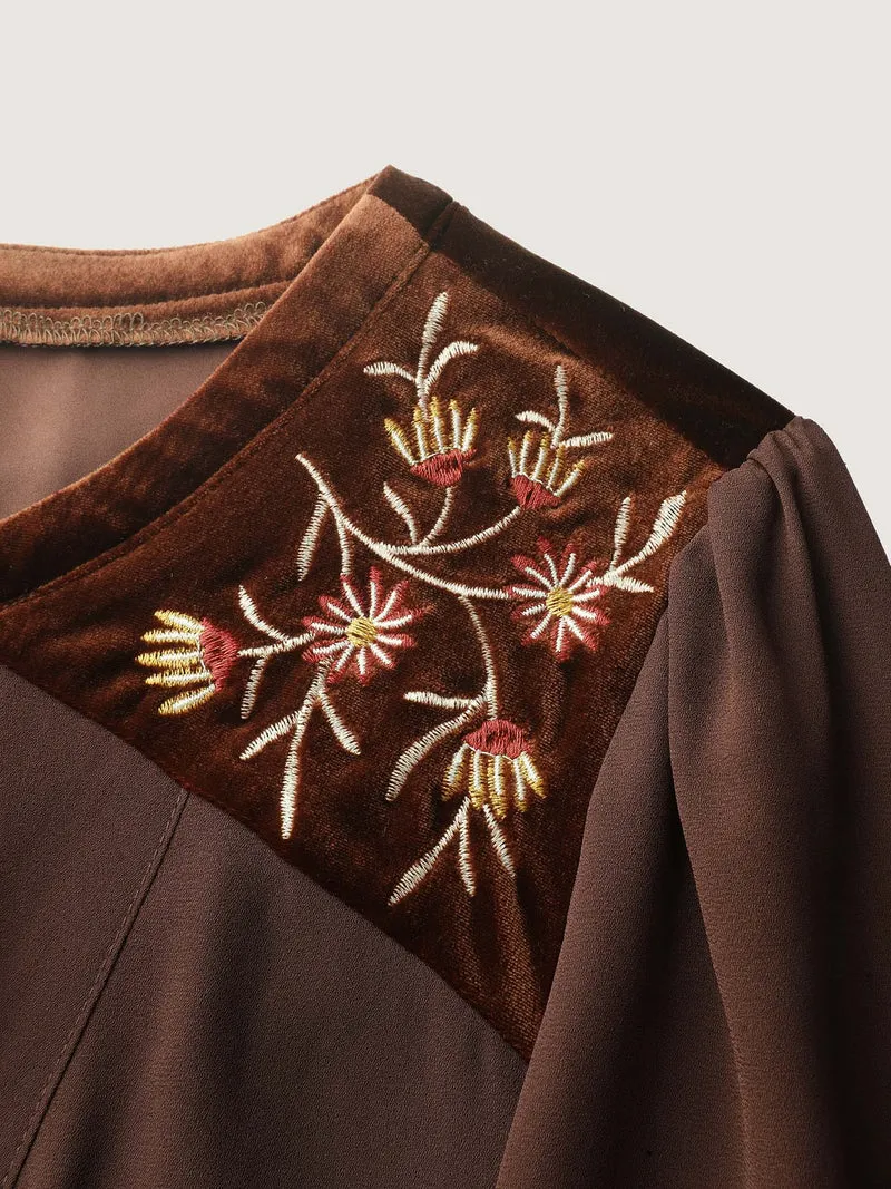 Embroidered Pleated Ruffled Sleeve Blouse