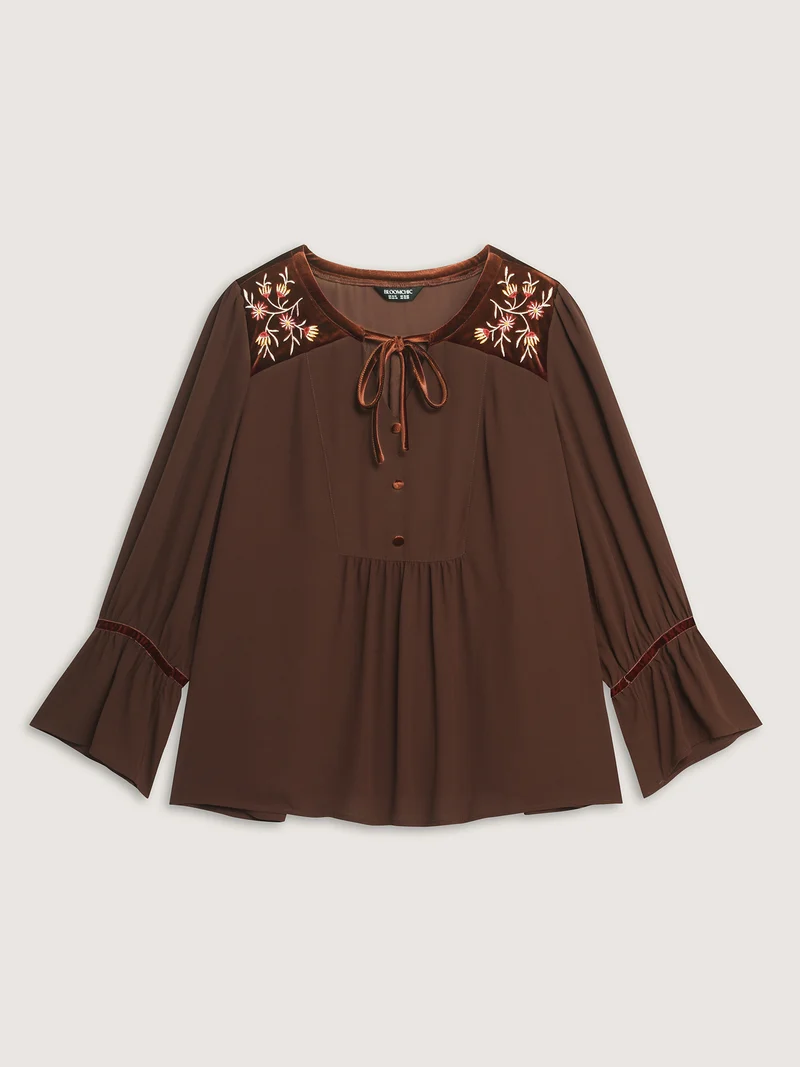 Embroidered Pleated Ruffled Sleeve Blouse
