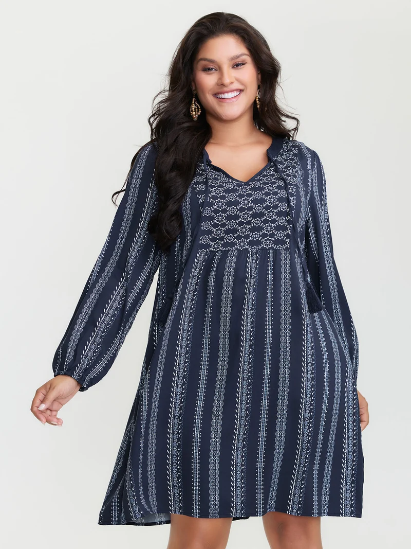 Boho Stripe Notched Collar Ties Midi Dress