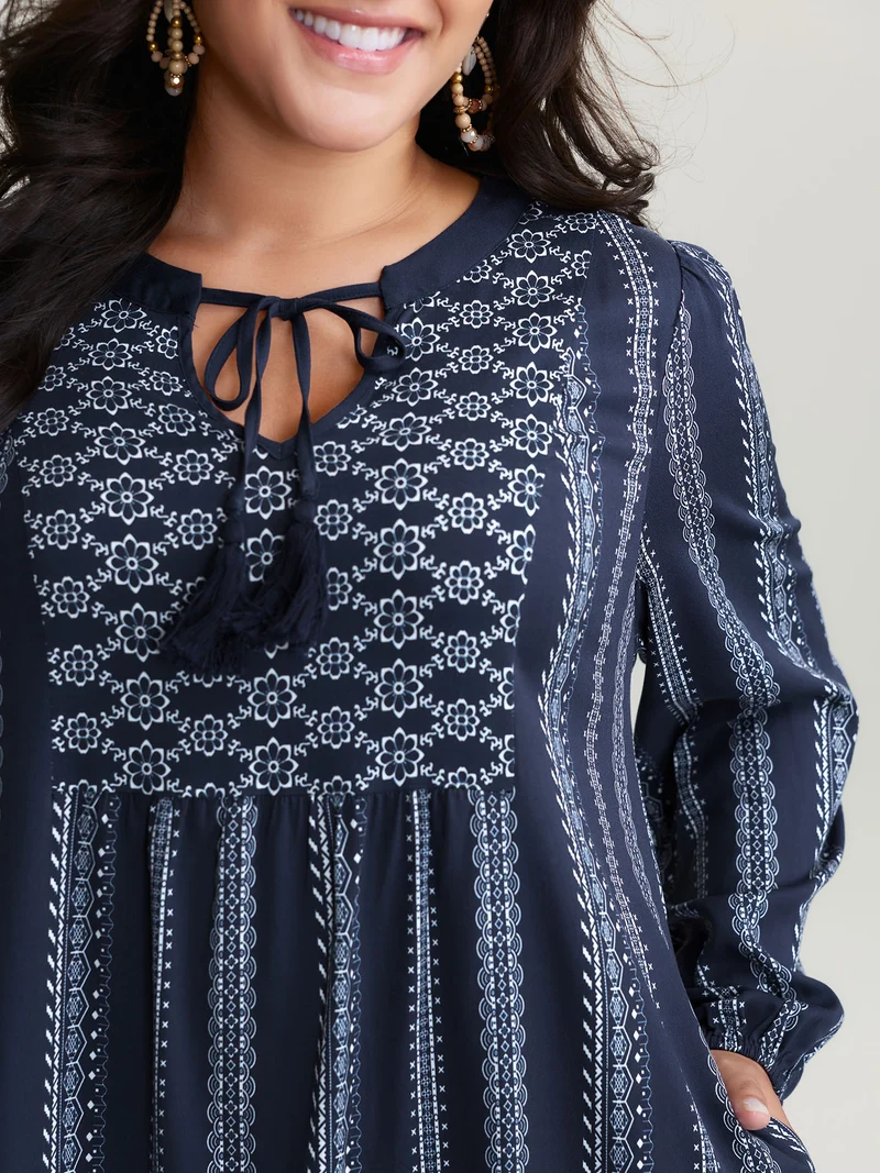 Boho Stripe Notched Collar Ties Midi Dress