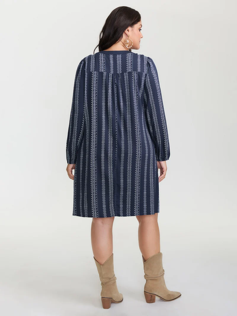 Boho Stripe Notched Collar Ties Midi Dress