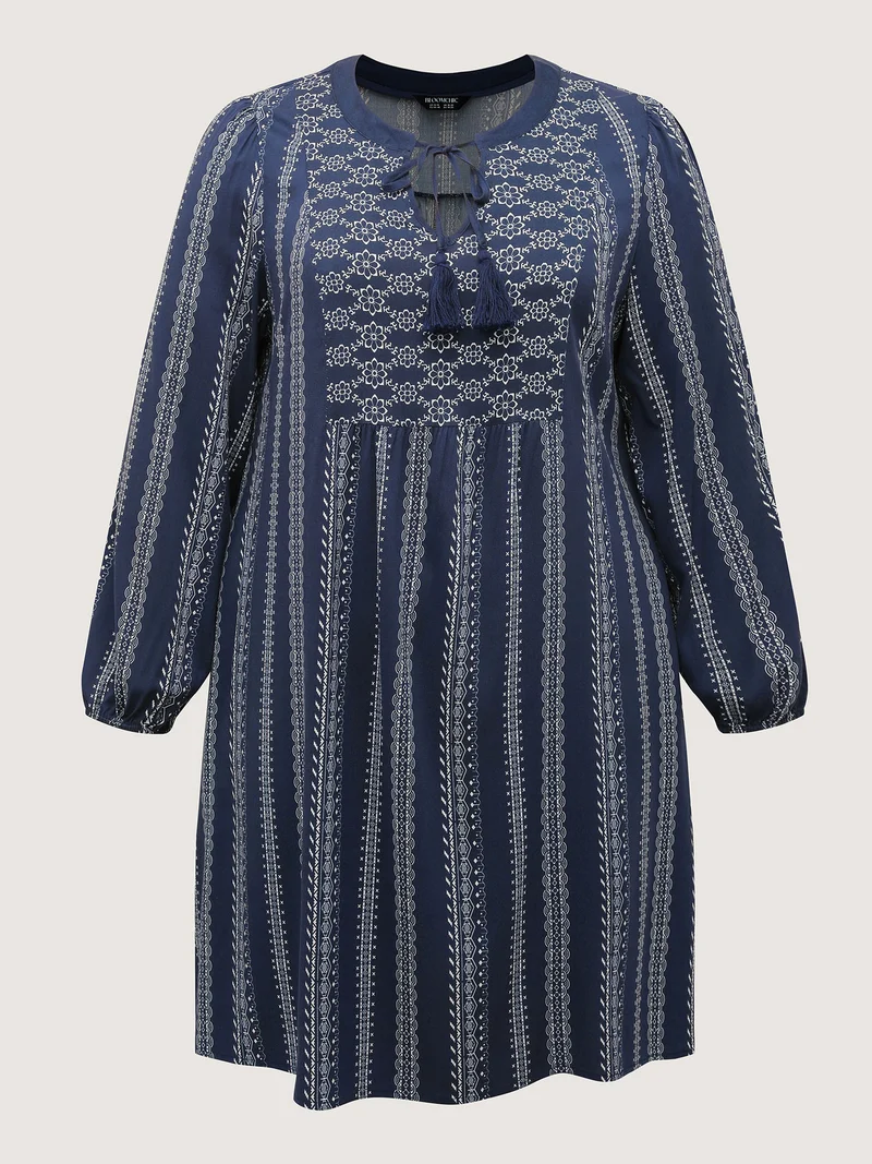 Boho Stripe Notched Collar Ties Midi Dress