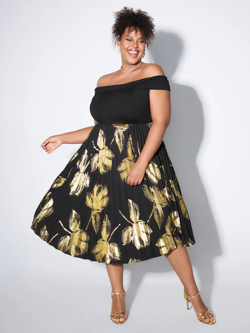 Leaf Print Pleated Off-Shoulder Midi Dress