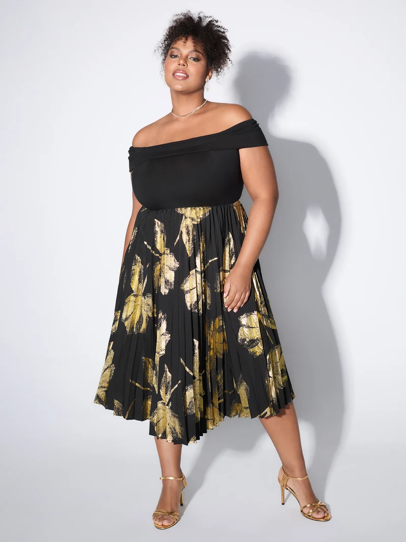 Leaf Print Pleated Off-Shoulder Midi Dress