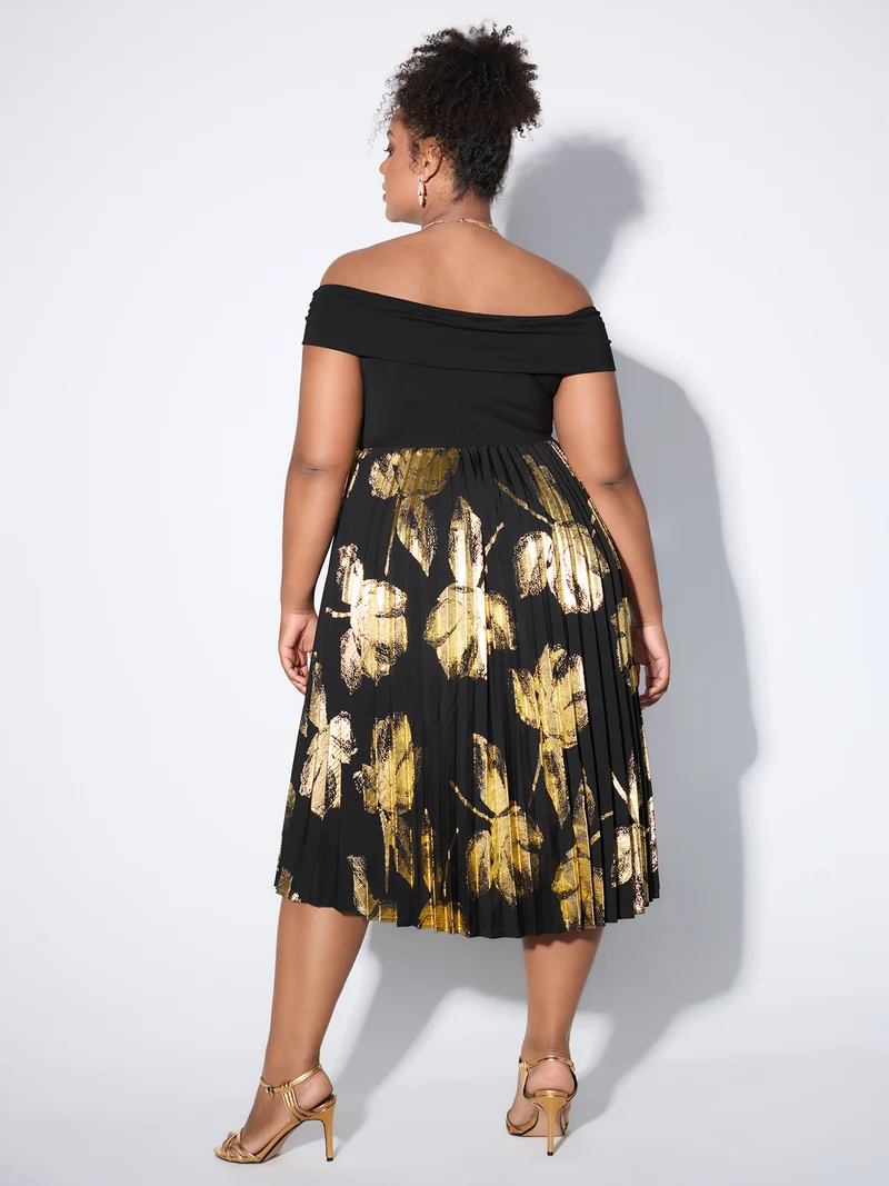 Leaf Print Pleated Off-Shoulder Midi Dress