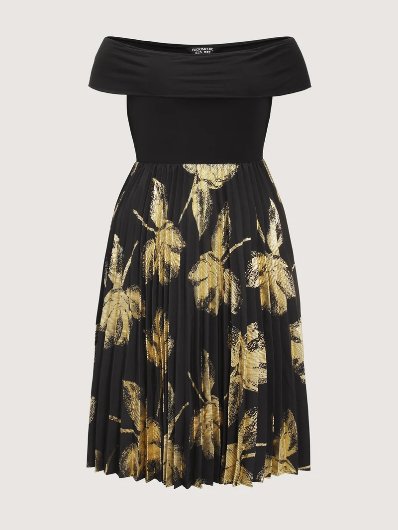 Leaf Print Pleated Off-Shoulder Midi Dress