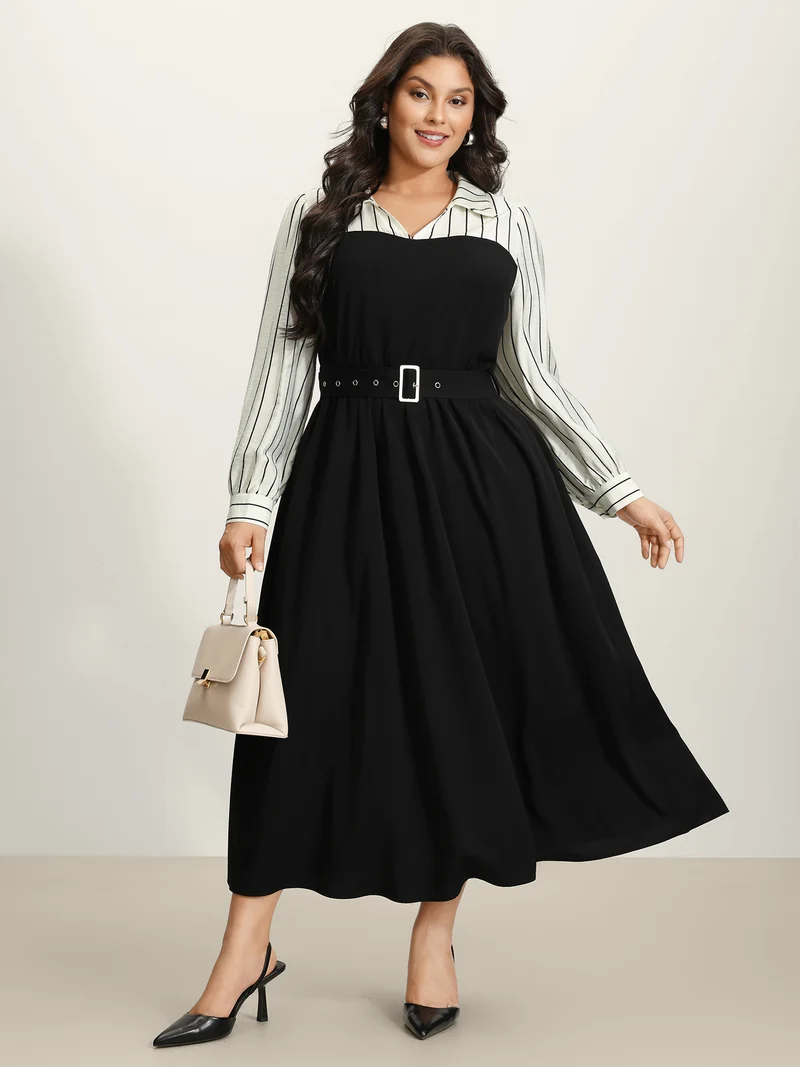 Stripe Print Belted Pockets Maxi Dress