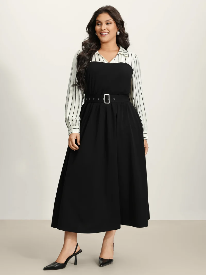 Stripe Print Belted Pockets Maxi Dress