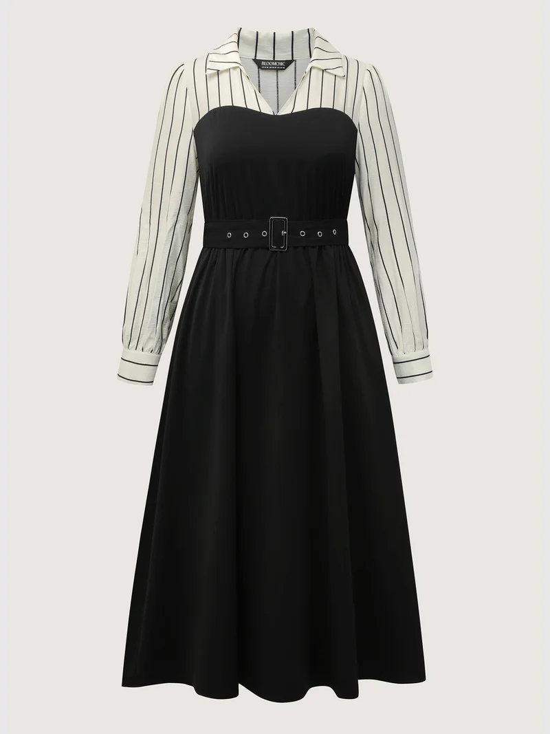 Stripe Print Belted Pockets Maxi Dress