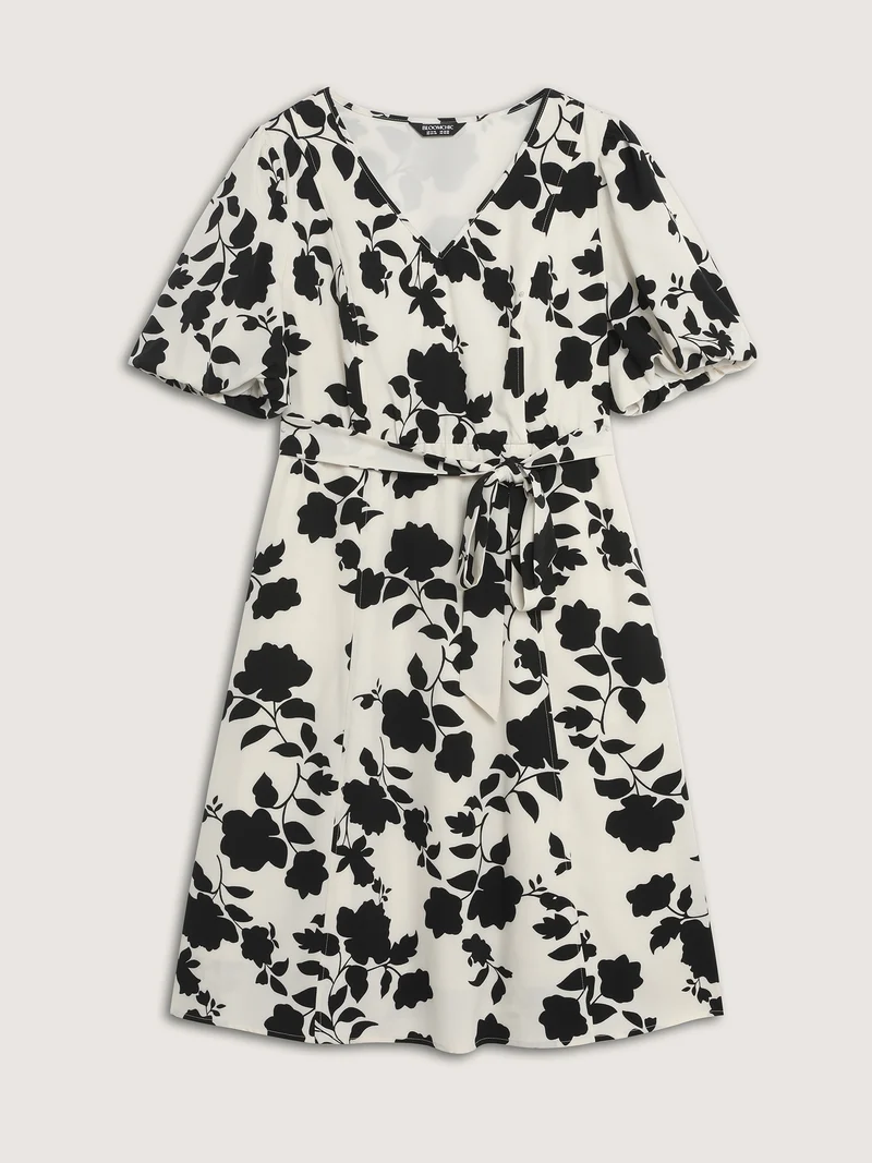 Silhouette Flower Puffy Sleeve Midi Dress