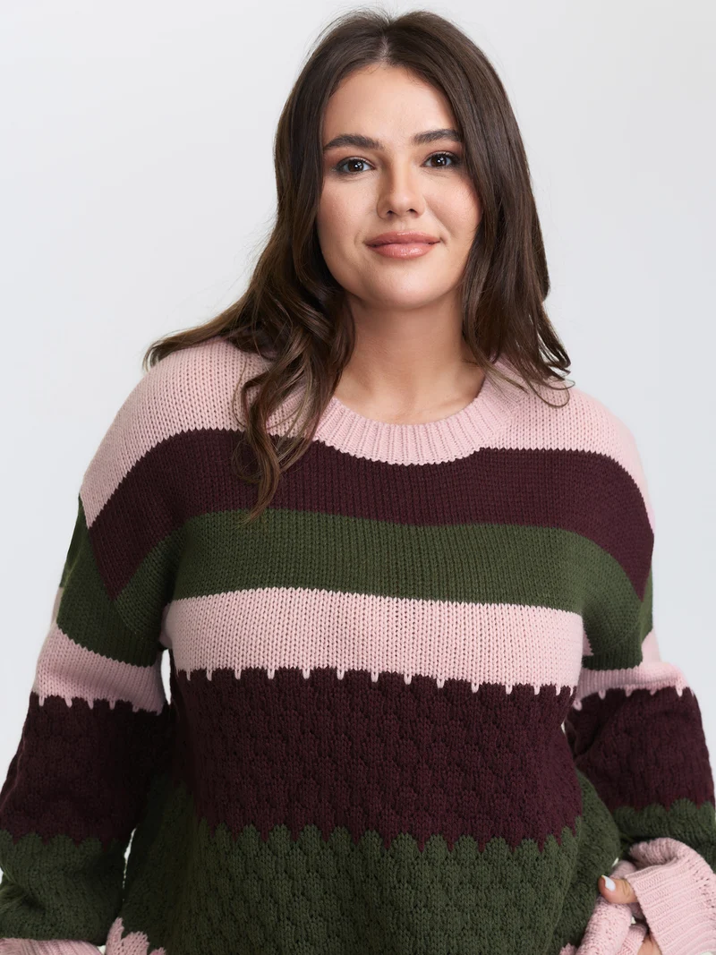 Colorblock Textured Ribbed Hem Pullover