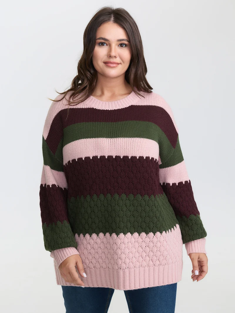 Colorblock Textured Ribbed Hem Pullover