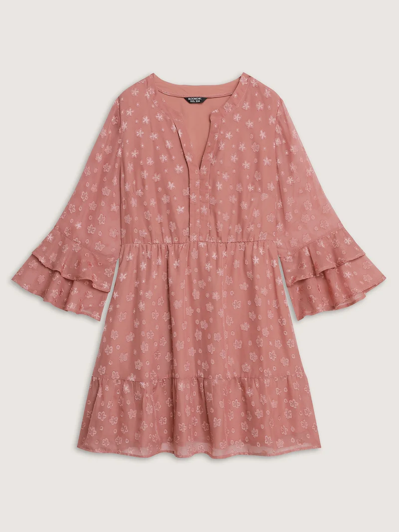 Floral Textured Layered Sleeve Sheer Mini Dress