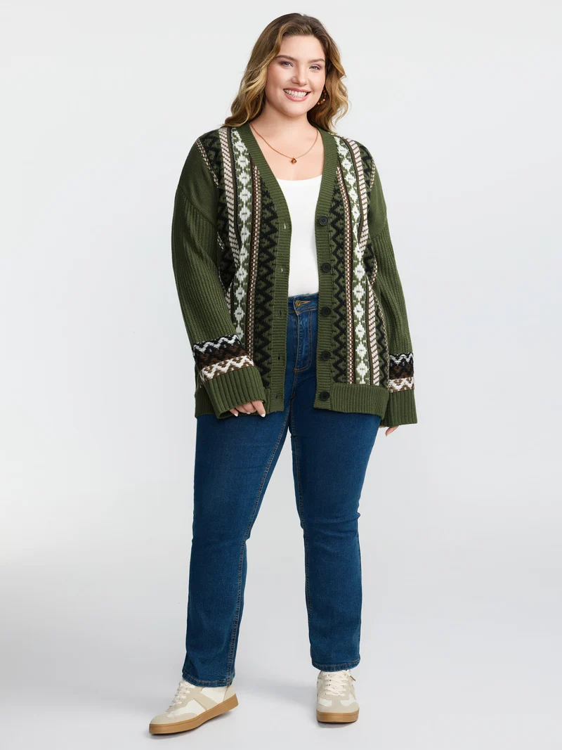 Textured Button-Front Straight Sleeve Knit Cardigan