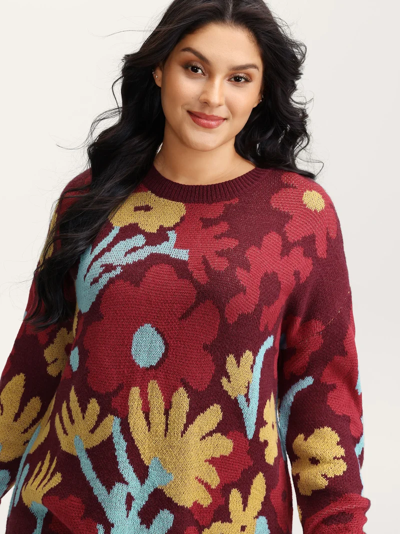 Colorful Floral Jacquard Ribbed Hem Pullover