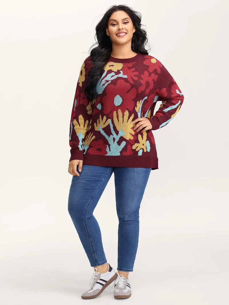 Colorful Floral Jacquard Ribbed Hem Pullover