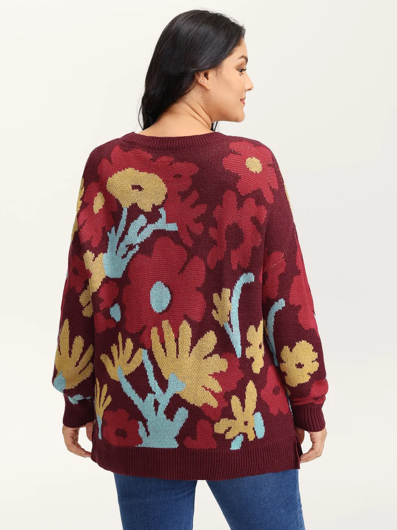 Colorful Floral Jacquard Ribbed Hem Pullover