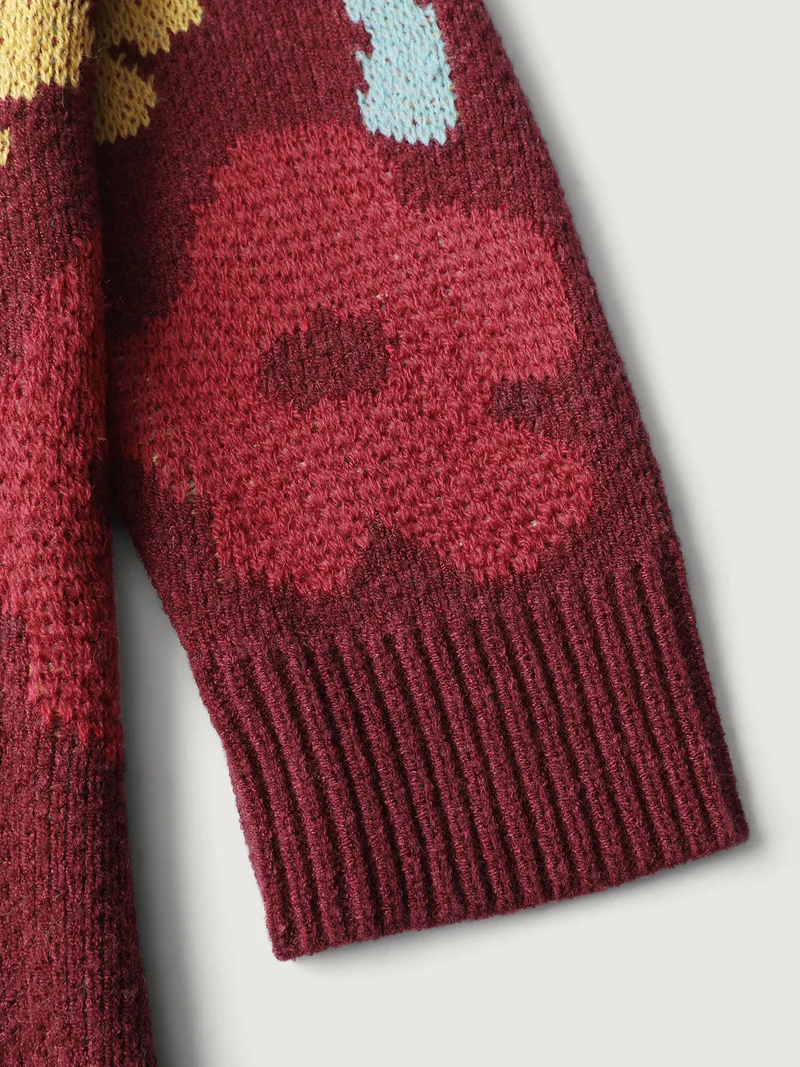 Colorful Floral Jacquard Ribbed Hem Pullover
