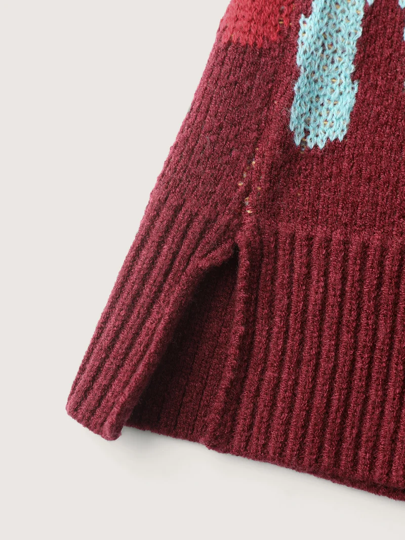 Colorful Floral Jacquard Ribbed Hem Pullover