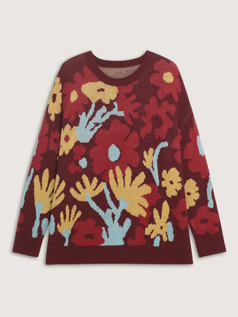 Colorful Floral Jacquard Ribbed Hem Pullover