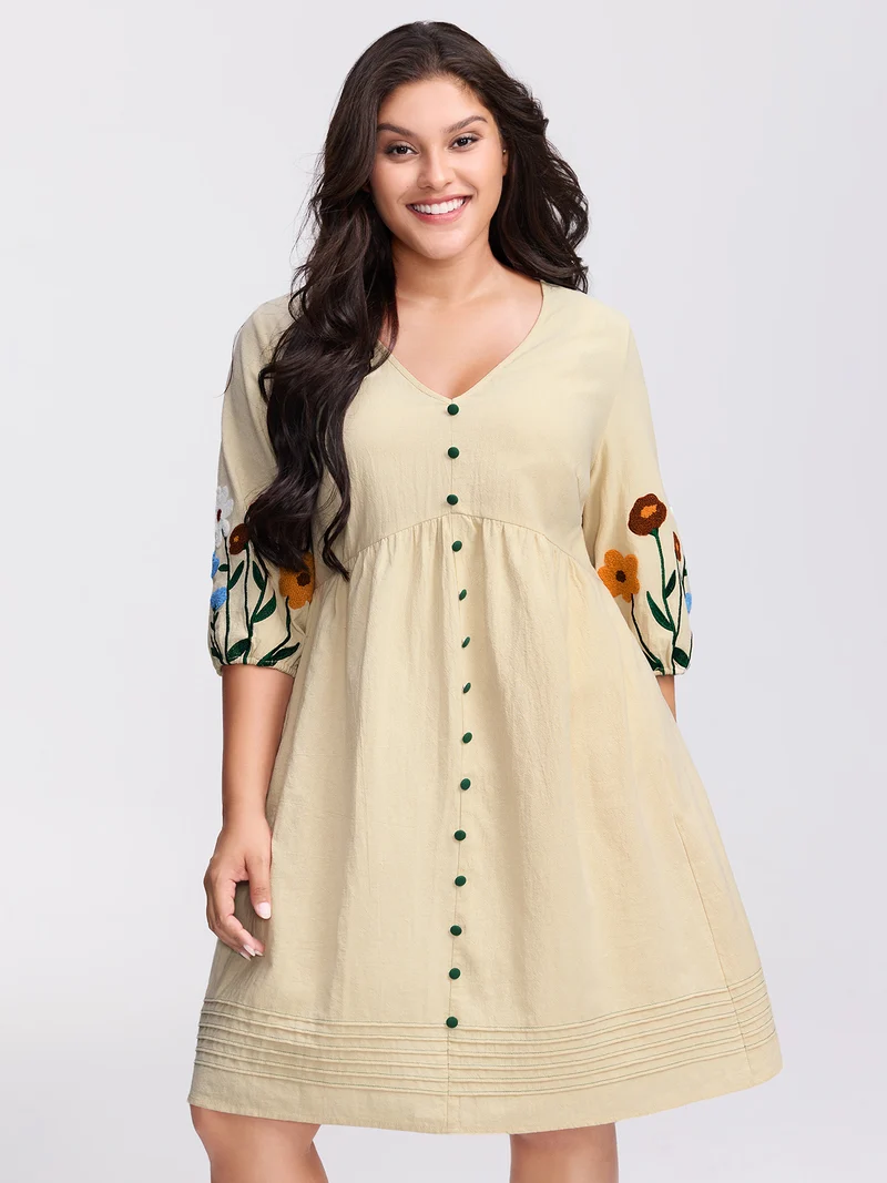 Floral Embroidery Button Front Knee-Length Dress