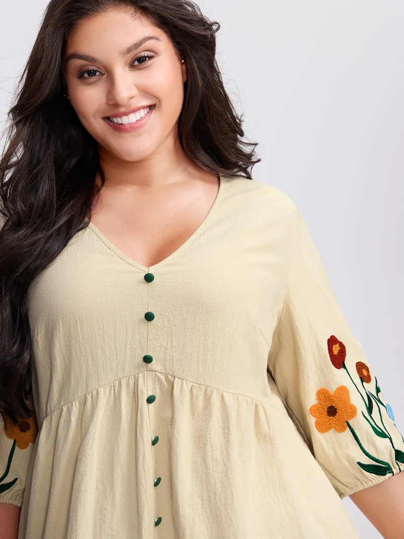 Floral Embroidery Button Front Knee-Length Dress
