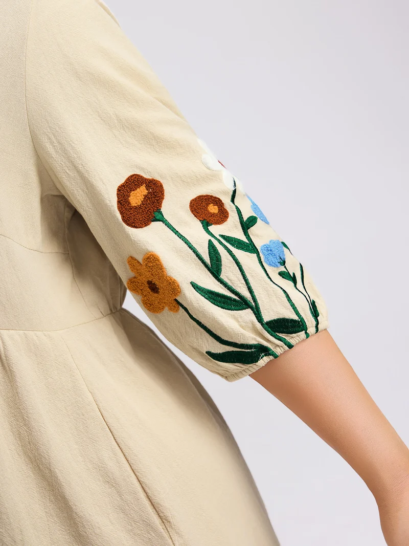 Floral Embroidery Button Front Knee-Length Dress
