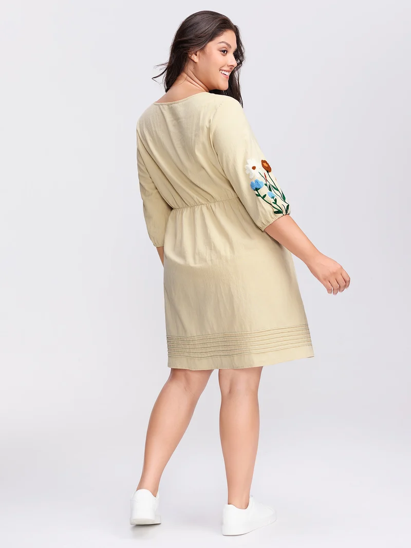 Floral Embroidery Button Front Knee-Length Dress