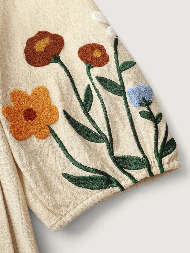 Floral Embroidery Button Front Knee-Length Dress