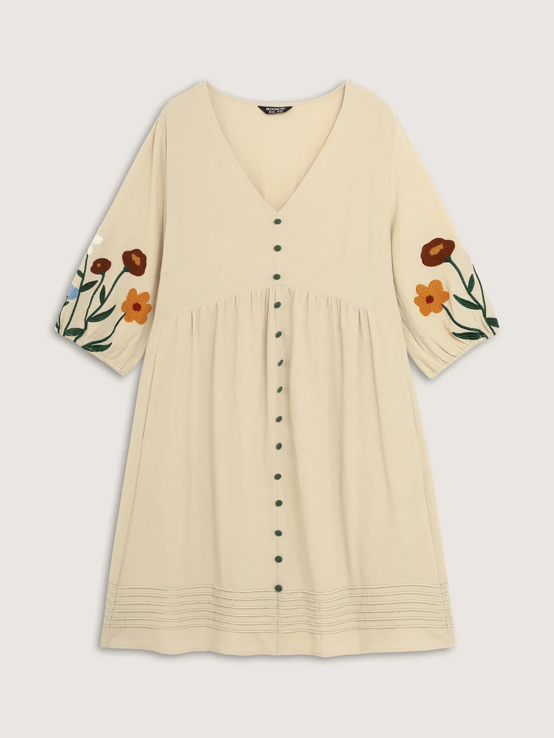 Floral Embroidery Button Front Knee-Length Dress