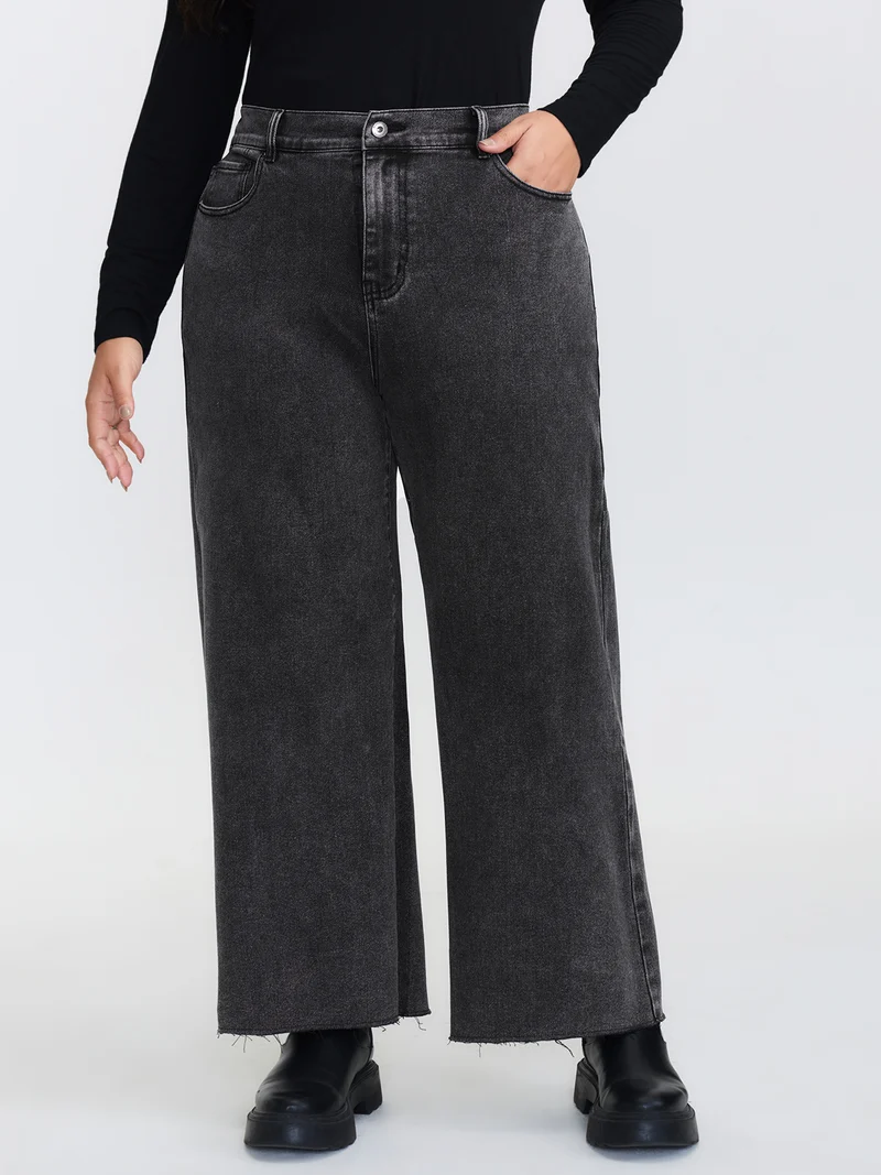Vintage Wash Stretchy Waistband Wide-Leg Jeans