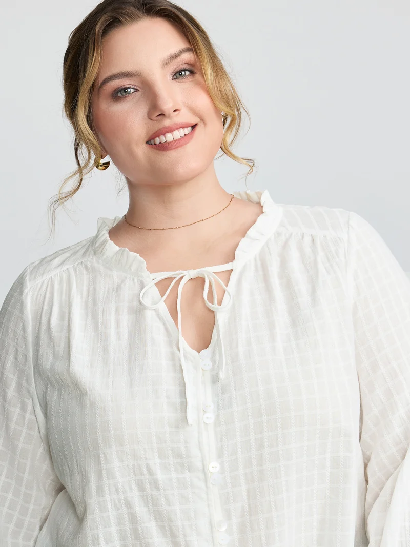 Textured Lantern Sleeve Neck-Tie Blouse